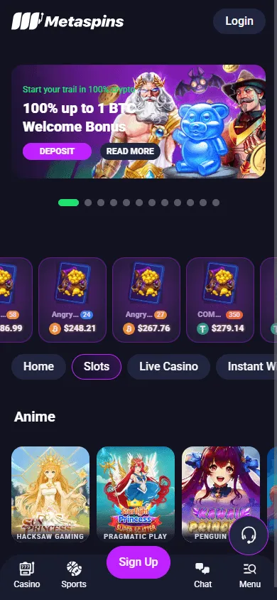 Metaspins Casino games area on a mobile browser