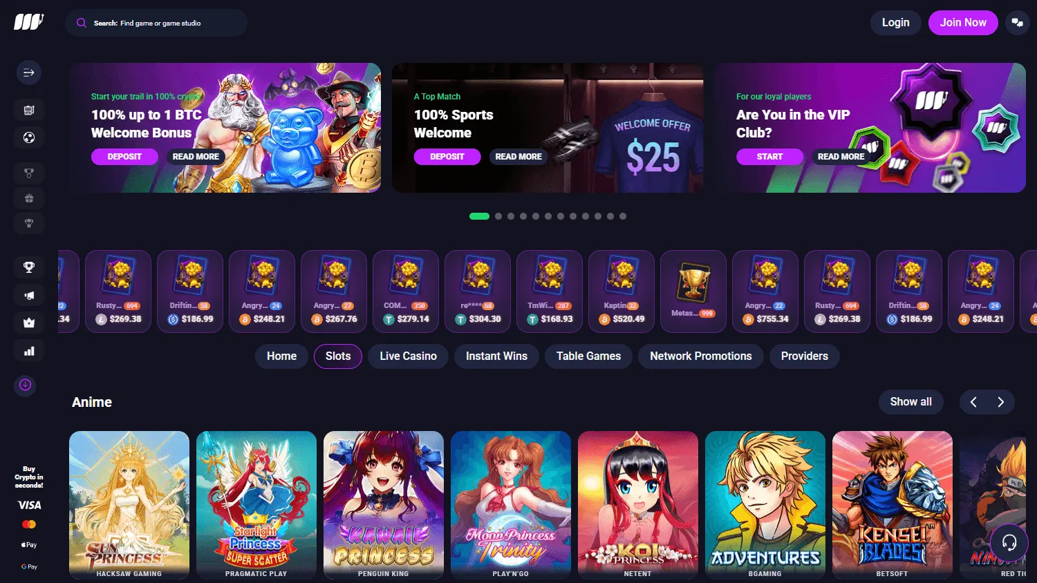 Metaspins Casino games area on desktop