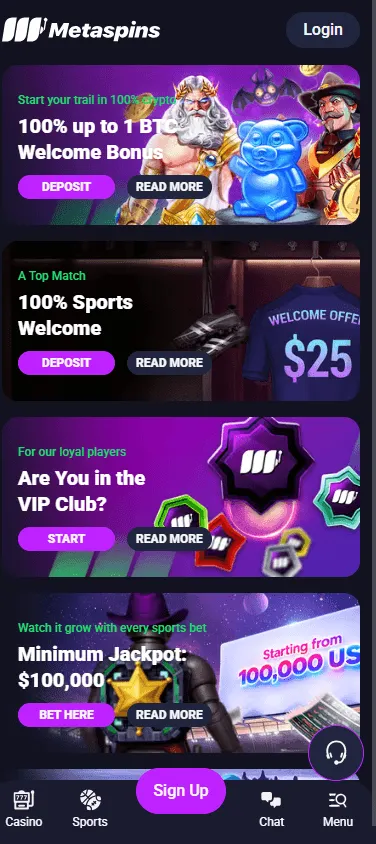 Metaspins Casino promotions area on a mobile browser